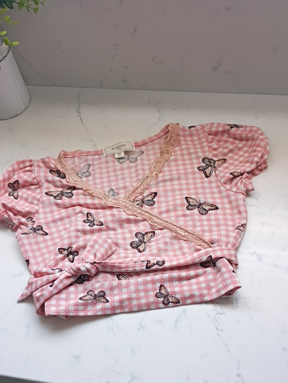 No Comment Pink Gingham Butterfly Wrap Top